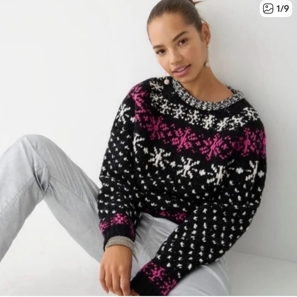 J. Crew Jacquard Snowflake Black and Pink Snowflake Sweater,chunky,wool,small
